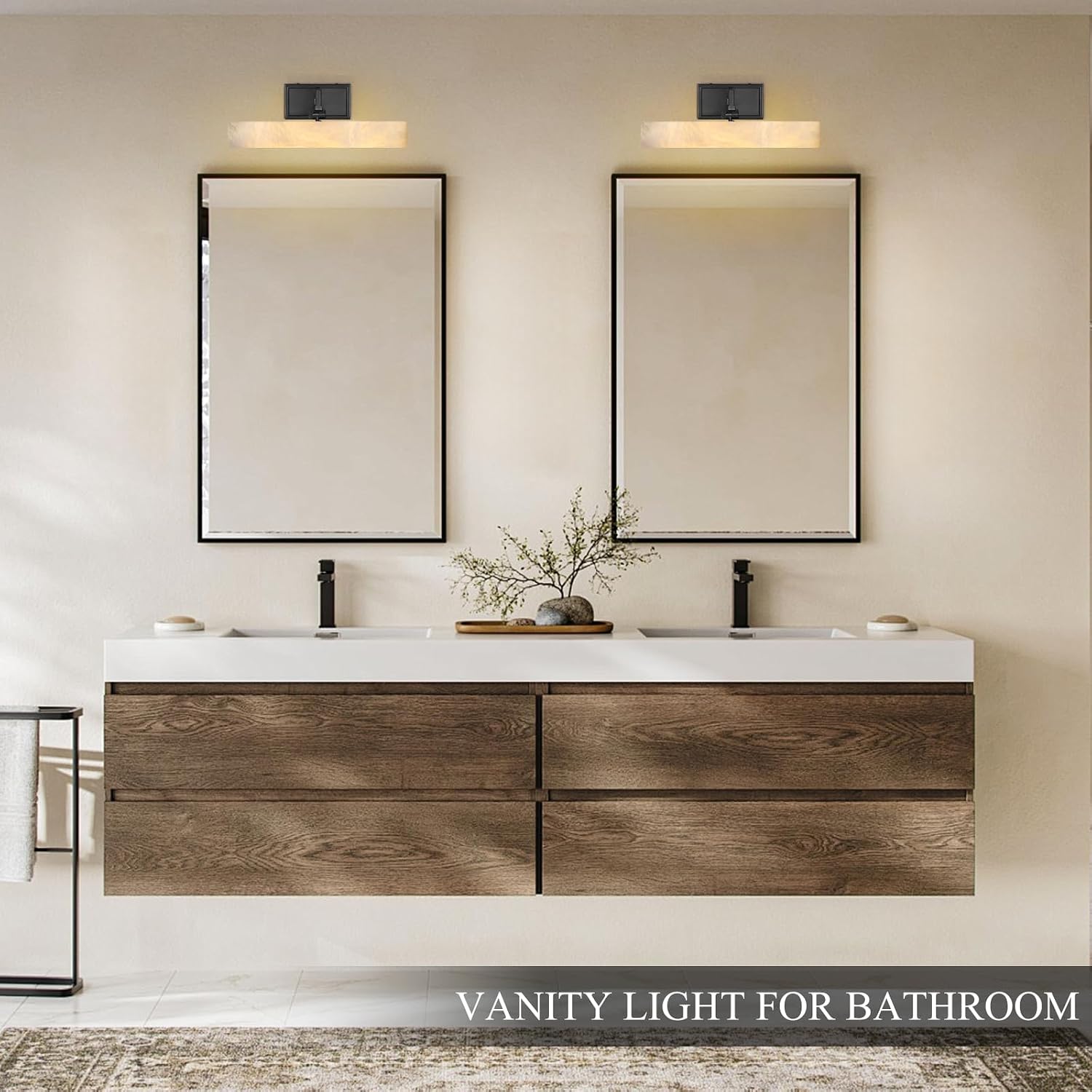 Alabaster Picture Light Hardwired, 12' Matte Black Art Light for Wall & Paintings, Real Spanish Marble Picture Frame Light, Dimmable LED Gallery Lighting, Bathroom Vanity Light Accent for Mirror Use