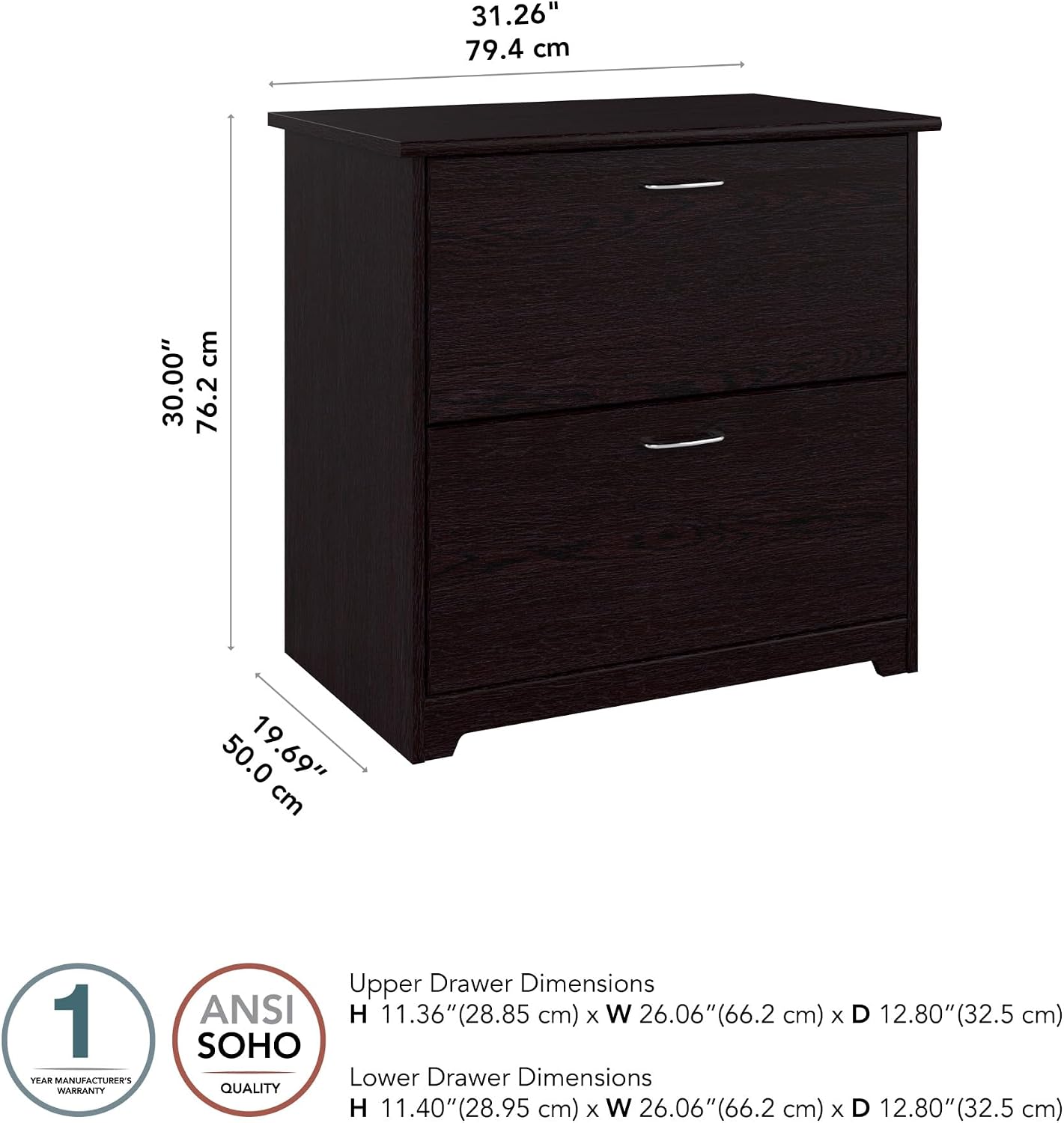 Bush Furniture Lateral File Cabinet - Cabot Collection 2 Drawer File Cabinet with Chrome Hardware | Elegant Filing Cabinet for Home Office, Letters, Legal and A4 Files | Espresso Oak