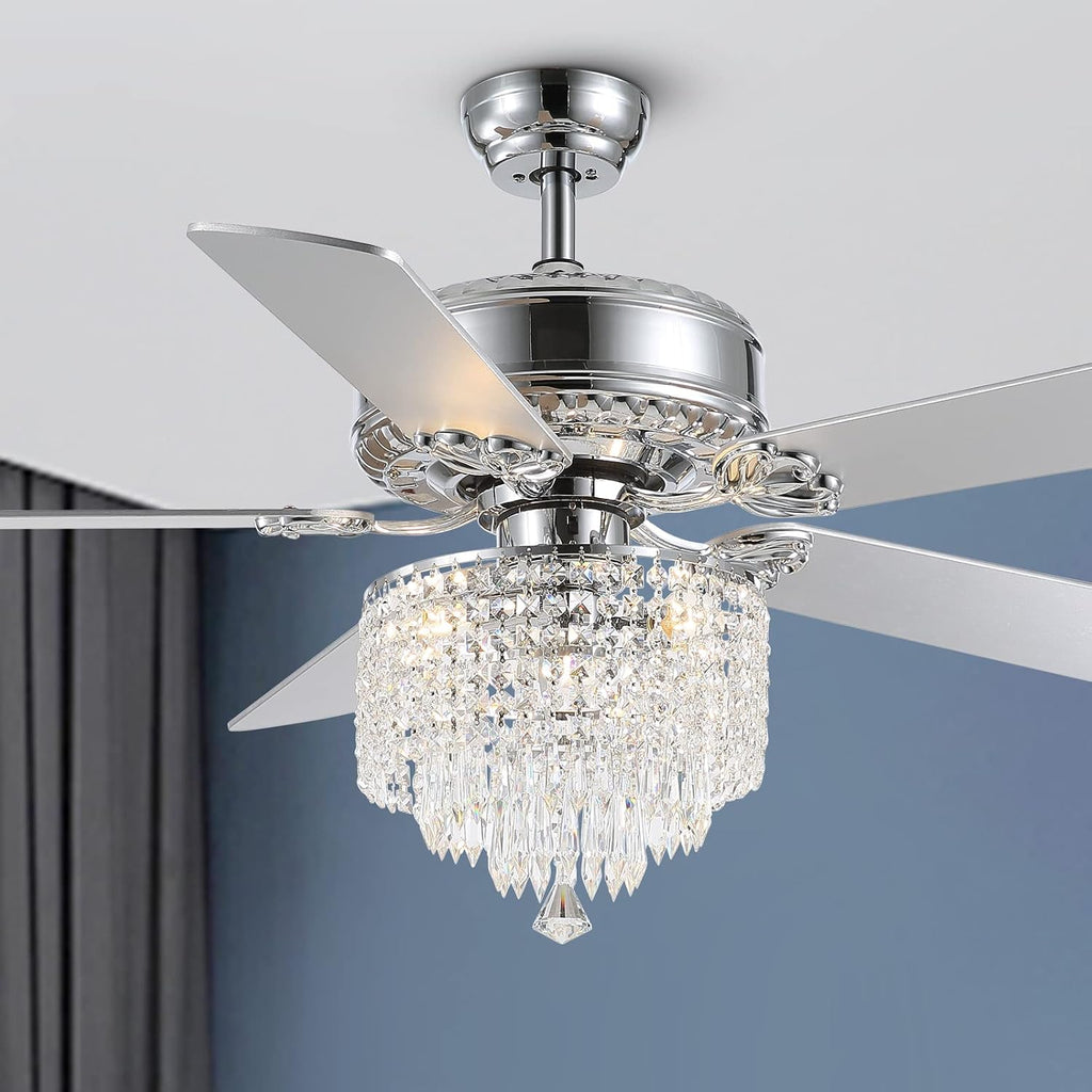 Crystal Ceiling Fan with Lights Modern Chandelier Fan with Remote Chrome Reversible Fan Light Fixture for Bedroom Dining Room 52'
