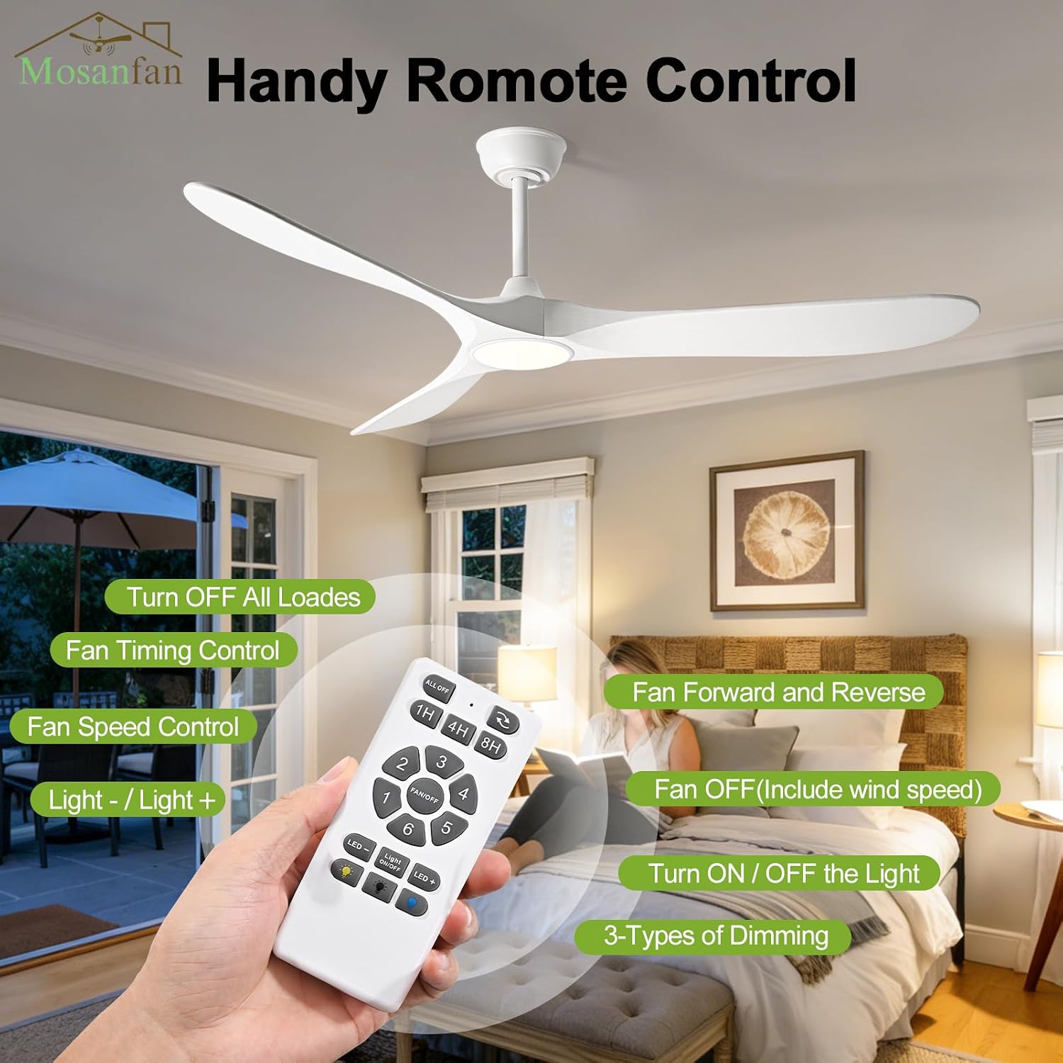 52 Inch Ceiling Fans with Lights and Remote, Wood Outdoor Ceiling Fan with 6 Speed Noiseless DC Motor, Indoor Modern 3 Blade Propeller Ceiling Fan for Bedroom Living Room Gazebo Patio (White)
