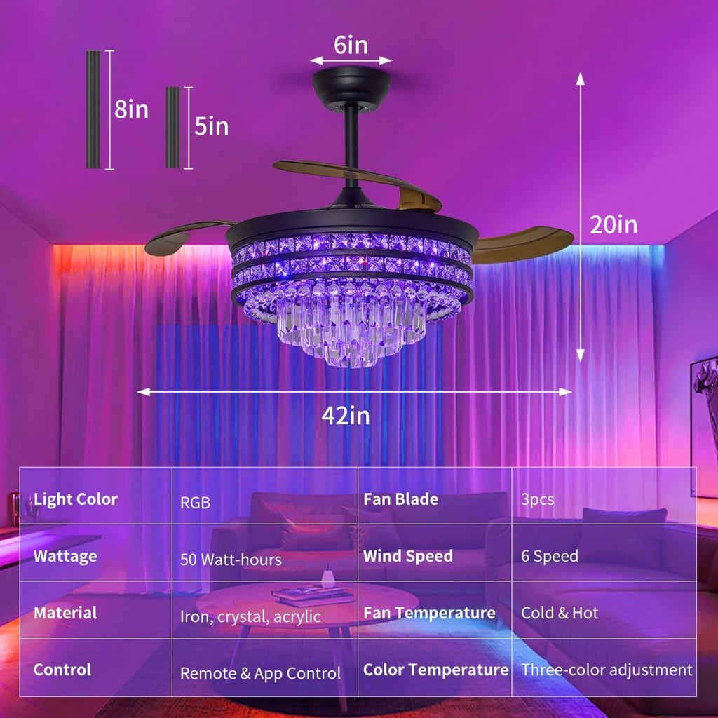 RGB Retractable Fandelier Ceiling Fans with Light and Remote/App, 42' Modern Crystal LED Chandelier Fan, Bladeless Lighting & Ceiling Fans Bedroom, Kitchen | Ventilador de Techo Con Luz, Black