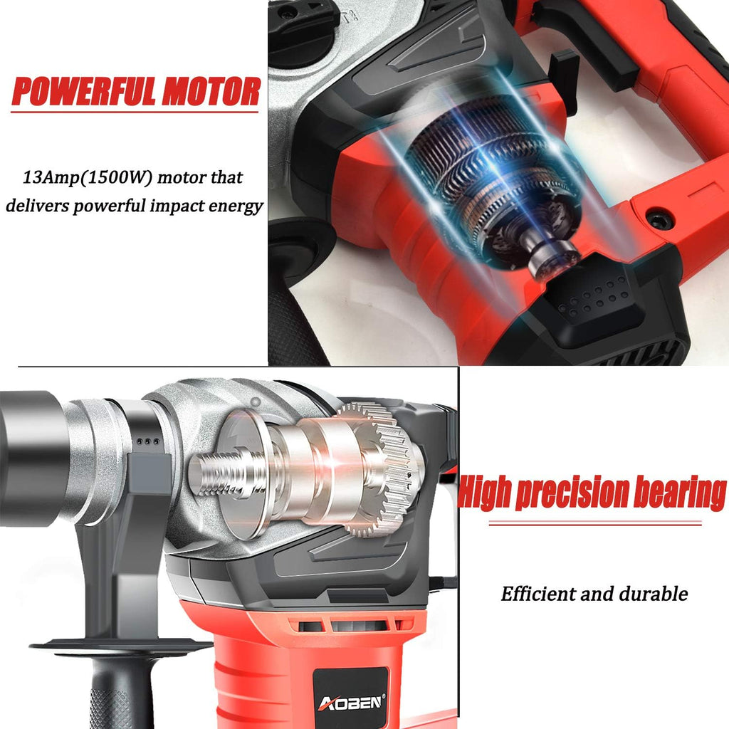 AOBEN Rotary Hammer Drill with Vibration Control and Safety Clutch,13 Amp Heavy Duty 1-1/4 Inch SDS-Plus Demolition Hammer for Concrete-Including 3 Drill Bits,Flat/Point Chisels.