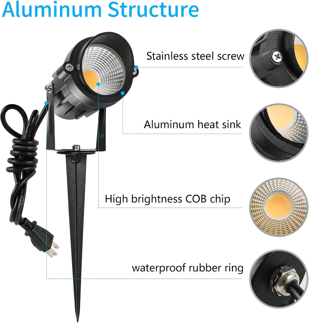 8 Pack 7W 3CCT Outdoor LED Landscape Spotlights 110V-220V | USA Plug and Hardwired, High Brightness 700LM, IP65 Waterproof, Spiked Tree Uplights, Landscape Lights for Pathway Garden