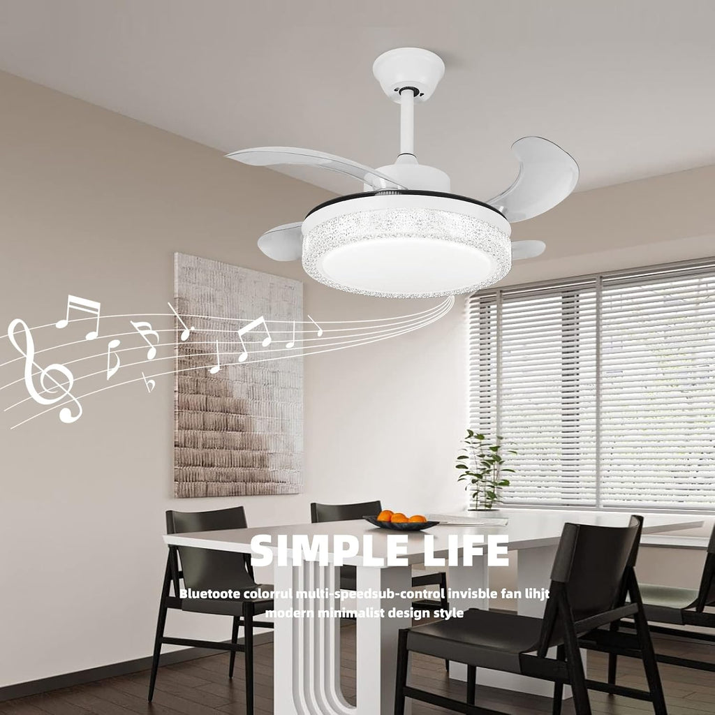 36' Smart Retractable Ceiling Fan with Bluetooth Speaker for Kids Room, RGB Color Changing Crystal Fandelier with App/Voice Control, Works with Alexa & Google Home, Dimmable LED & Quiet Motor
