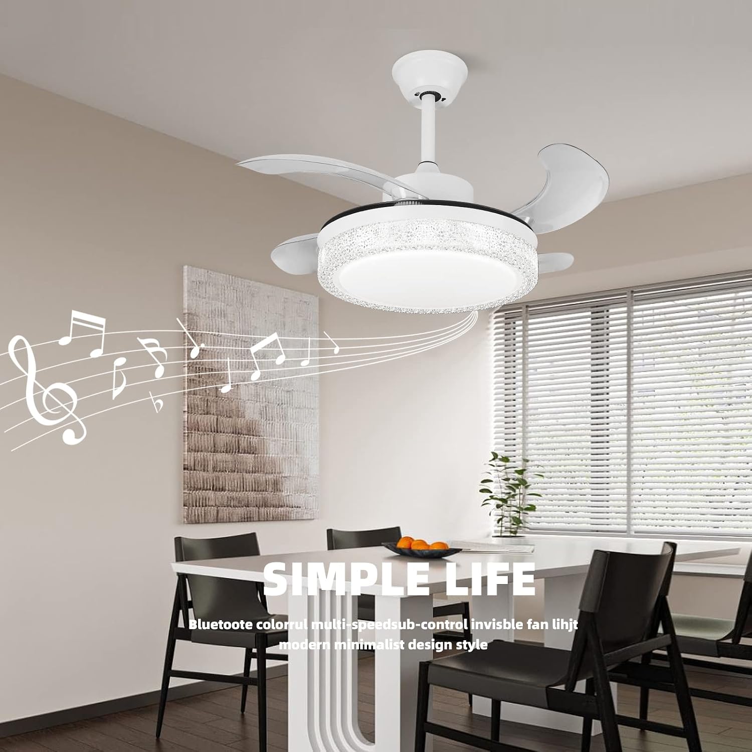 36' Smart Retractable Ceiling Fan with Bluetooth Speaker for Kids Room, RGB Color Changing Crystal Fandelier with App/Voice Control, Works with Alexa & Google Home, Dimmable LED & Quiet Motor