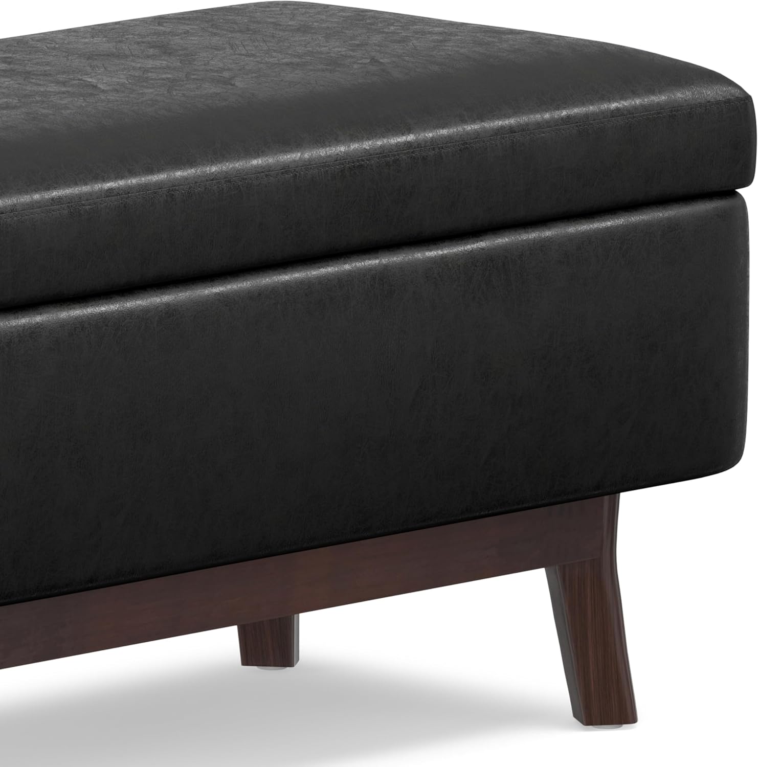 SIMPLIHOME Owen Small Rectangular Storage Ottoman - 36 inch Wide Upholstered Vegan Leather Lift-Top Ottoman in Distressed Black, Mid-Century Modern Ottoman for Living Room with Tufted Detail