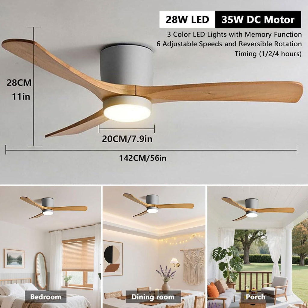 56in Quiet Ceiling Fans with Lights Modern Remote Ceiling Fan Light 6 Gear Wind Speed Ceiling Fans Grey 28W LED Ceiling Lights Wooden Blades for Living Room Dining Room Bedroom