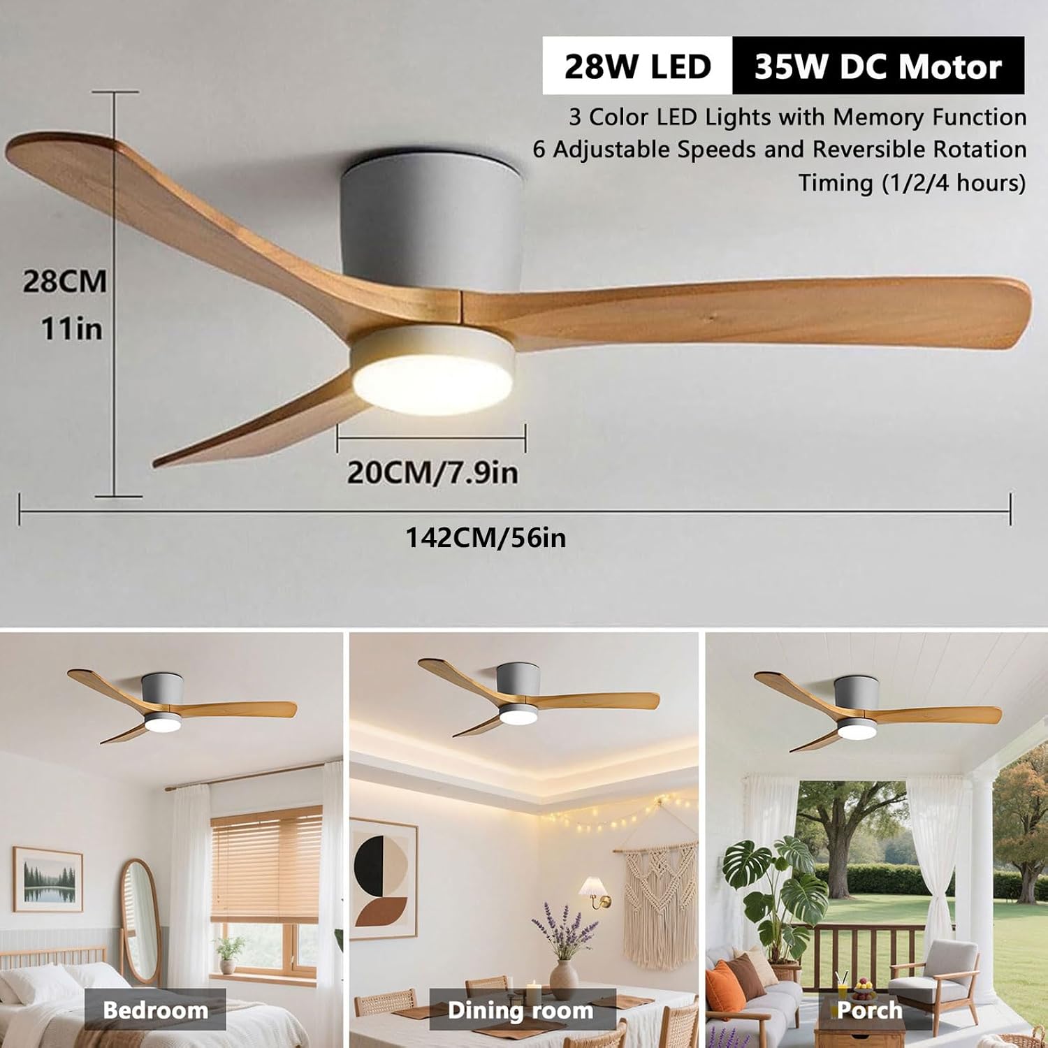 56in Quiet Ceiling Fans with Lights Modern Remote Ceiling Fan Light 6 Gear Wind Speed Ceiling Fans Grey 28W LED Ceiling Lights Wooden Blades for Living Room Dining Room Bedroom