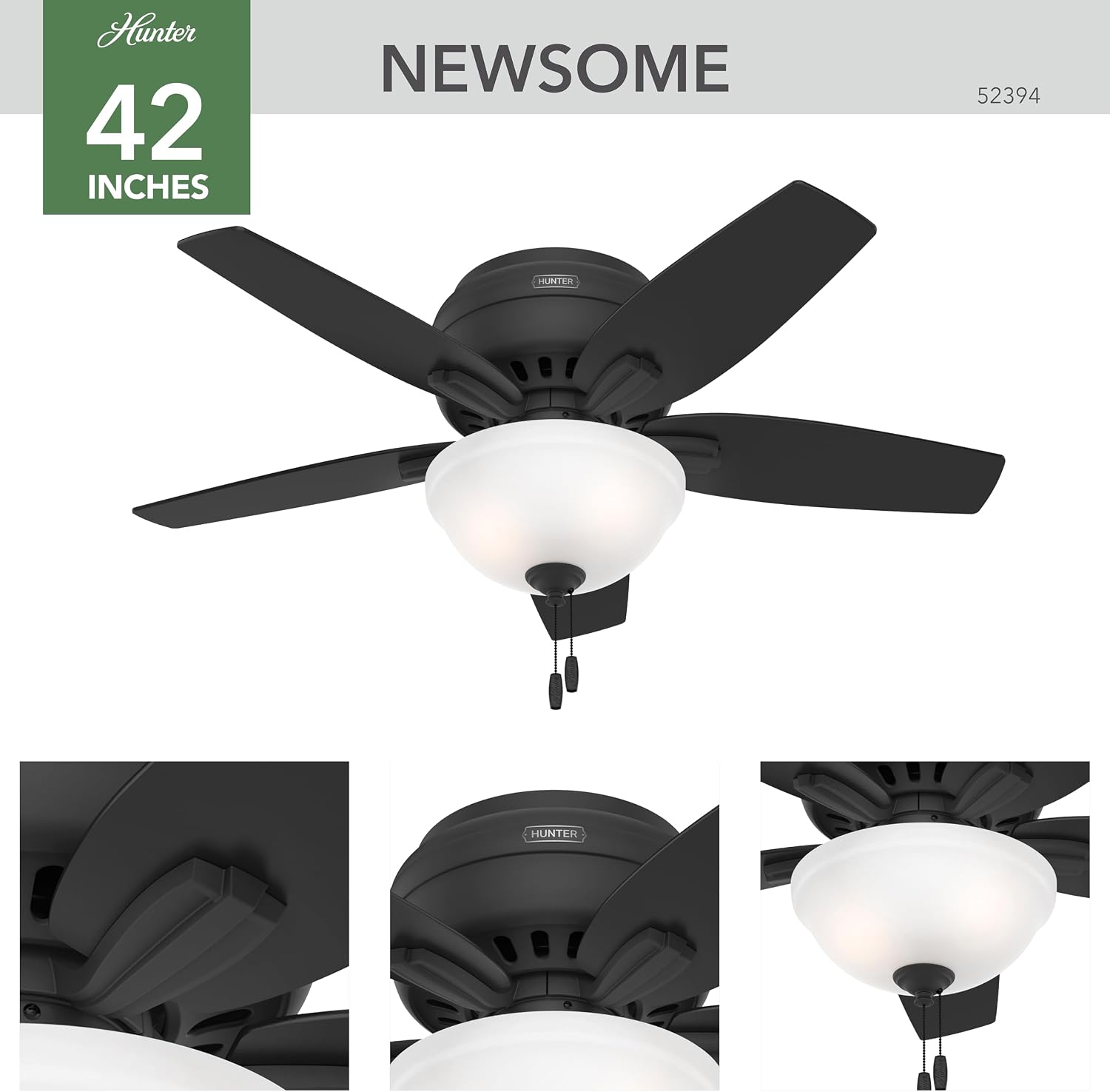 Hunter 42 inch Indoor Ceiling Fan with LED Light - Black Ceiling Fan with Pull Chain, For Bedroom or Living Room, Low Profile Flush Mount, No Remote, 5 Blades - Newsome 52394, Matte Black