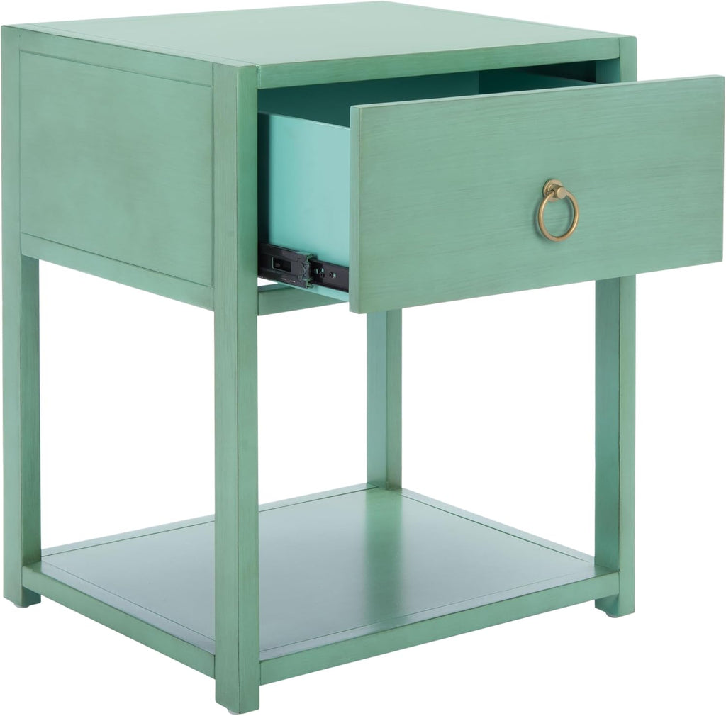SAFAVIEH Furniture - Sadie 1-Drawer Nightstand - Turquoise - Wood - Glam Gold Hardware Design - Ideal for Bedroom, 21'W x 17.2'D x 26'H - Fully Assembled (NST9201C)