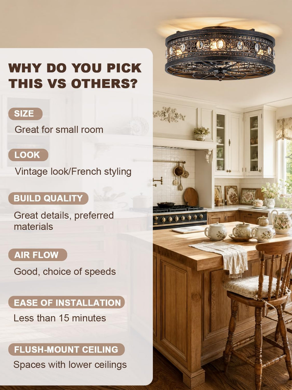 Dawn Whisper Vintage Victorian Caged Flush Mount Ceiling Fans with Lights | Vintage look/French Styling Caged Design with Crystal Accents Ideal Small-Space Flush Mount for Bedroom