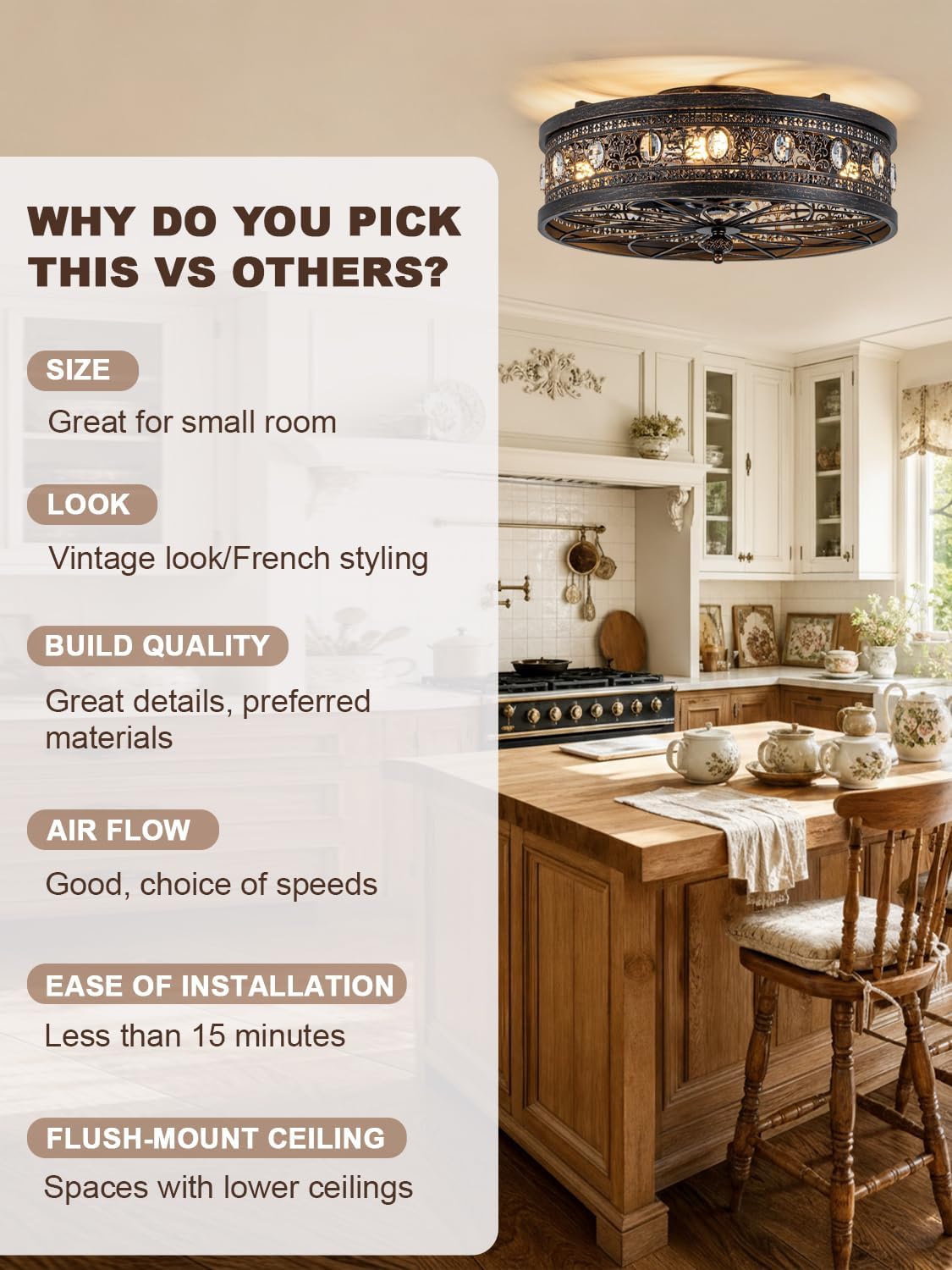 Dawn Whisper Vintage Victorian Caged Flush Mount Ceiling Fans with Lights | Vintage look/French Styling Caged Design with Crystal Accents Ideal Small-Space Flush Mount for Bedroom