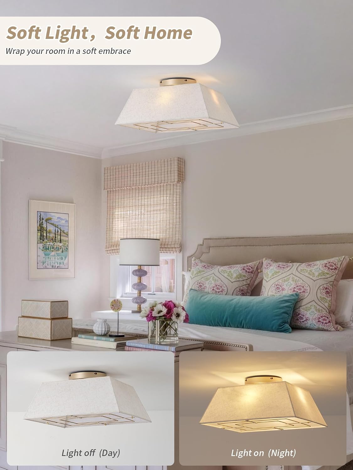 20' Boho Ceiling Fans with Lights Flush Mount, Bladeless Ceiling Fan with Light Remote Control, Square with 6 Speeds for Bedroom, Living Room, Nursery (Beige)