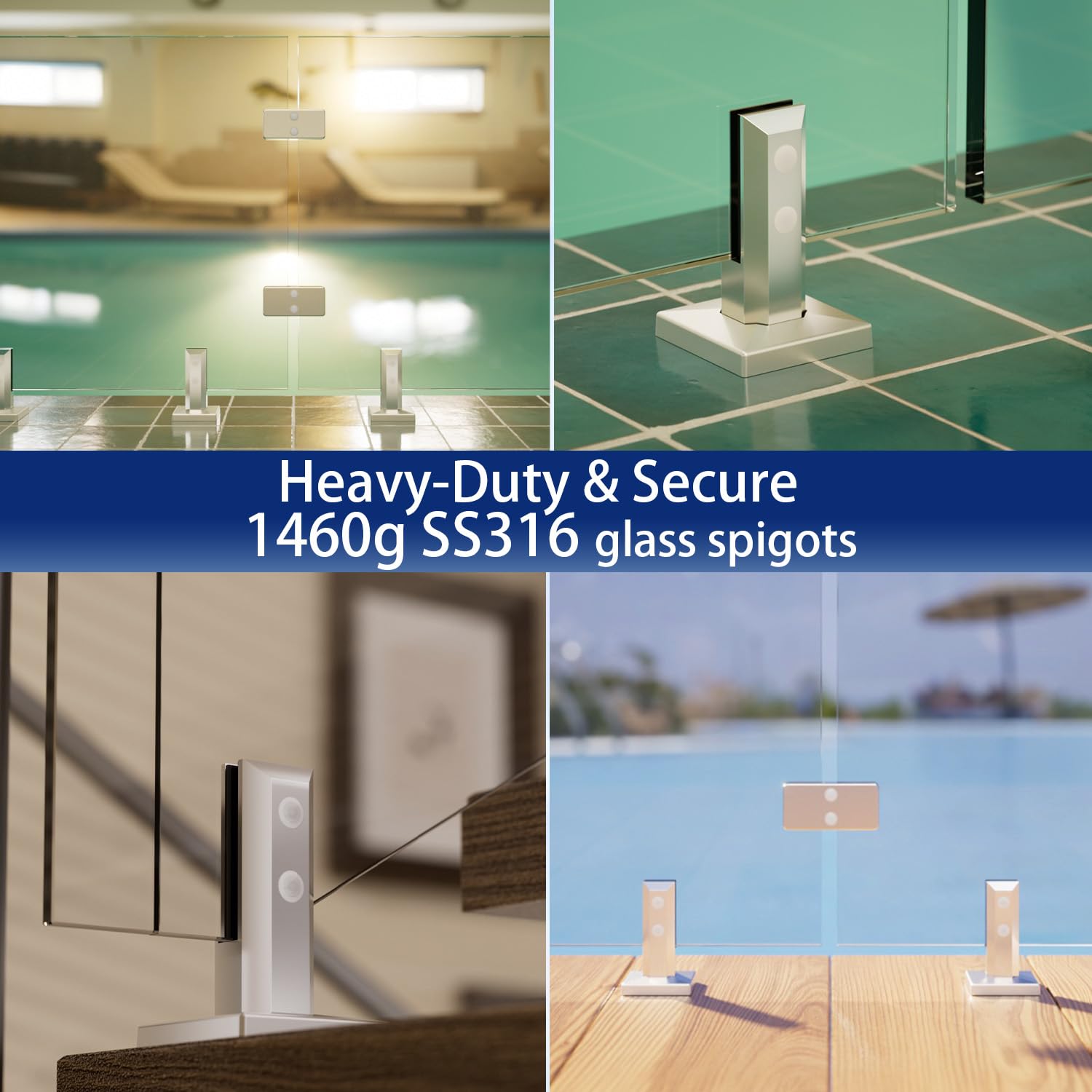 Glass Railing Clamp,4 Pack 316 Stainless Steel 1450g Heavy Duty Square Pool Fence Glass Railing Post Spigot Clamp Floor Mount Rail for Home Garden Stairs Balustrade Balcony
