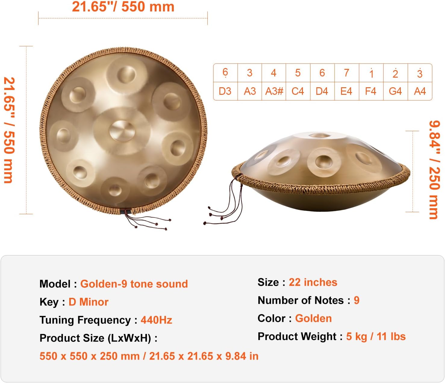Happybuy Handpan Drum, 22 in & 9 Notes, D Minor, Equipped with Mallets, 440Hz Tuned, with Handpan Stand & Carry Bag, Steel Percussion for Adult Beginners