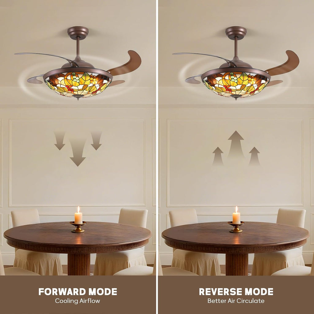 52 inch Tiffany Ceiling Fan with Light Stained Glass Fandelier with Retractable Blades 52' Vintage Ceiling Fan Light Dimmable LED Fandelier for Bedroom and Living Room