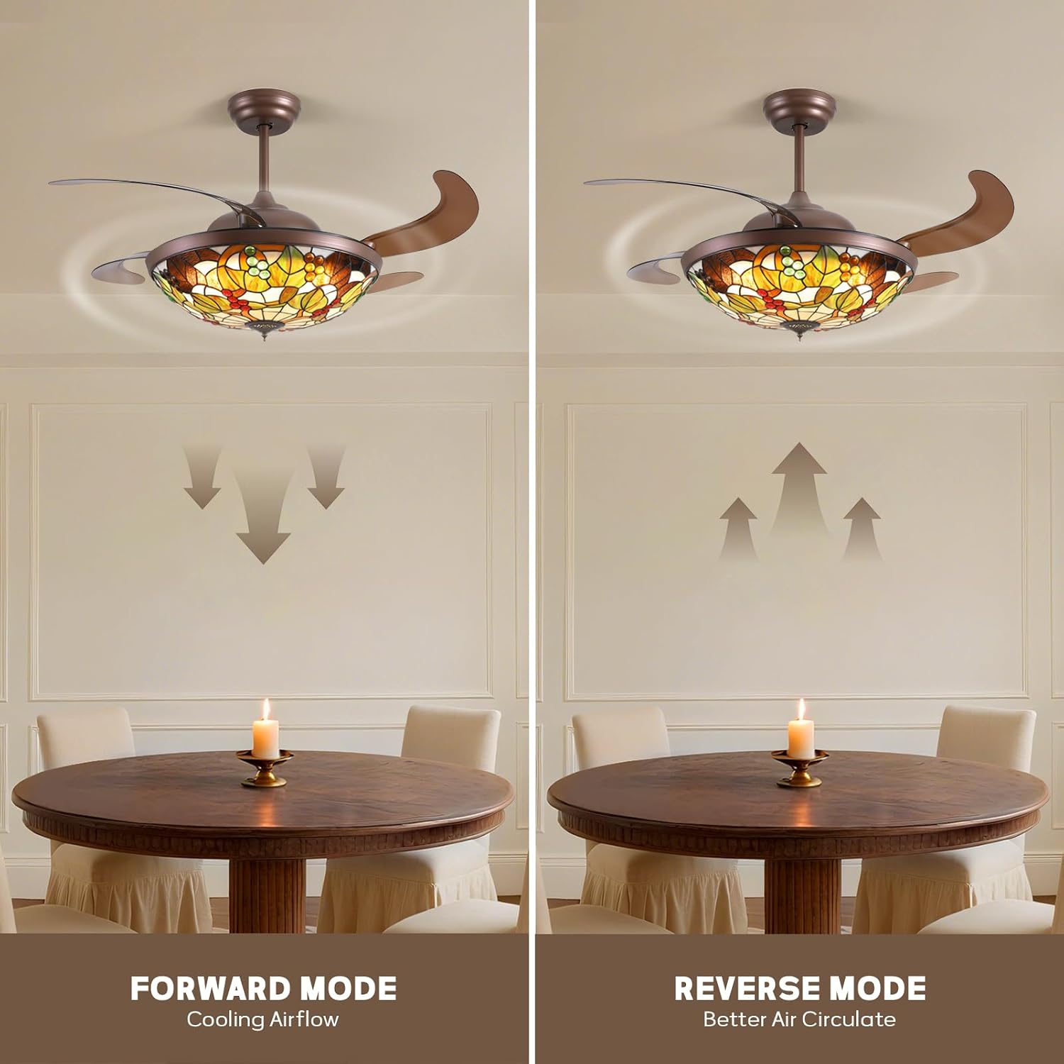 52 inch Tiffany Ceiling Fan with Light Stained Glass Fandelier with Retractable Blades 52' Vintage Ceiling Fan Light Dimmable LED Fandelier for Bedroom and Living Room