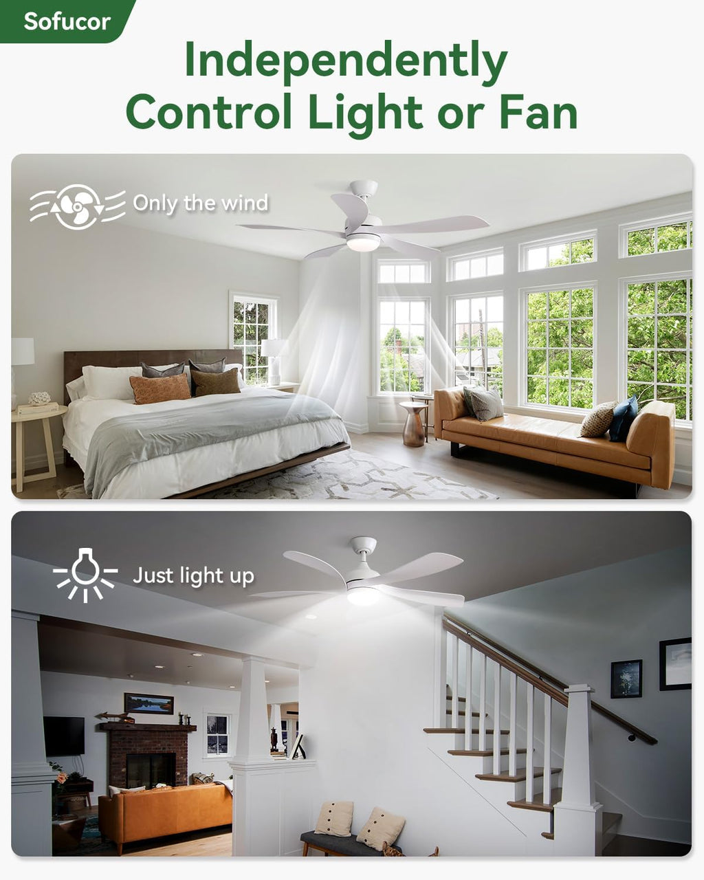 Sofucor 52 Inch Ceiling Fans with Lights and Remote, Outdoor Ceiling Fan with Light 6-Speed 3 CCT 3-Timer, White Low Profile Ceiling Fan 5 Blade Reversible DC Motor for Living Room Bedroom Patio