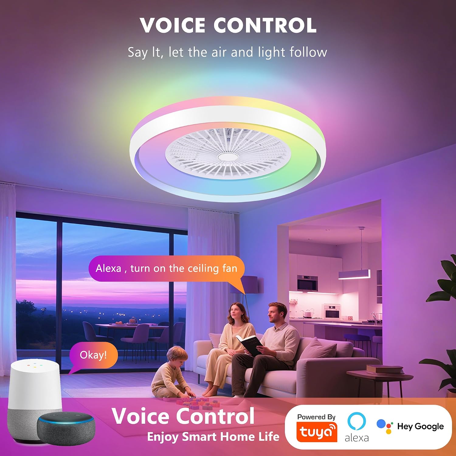 24' Bladeless Ceiling Fans with RGB Light, Low Profile Ceiling Fan with Light, Smart Modern Ceiling Fan with App/Remote/Voice Control, 3 Dimmable LED Light for Bedroom, Living Room White