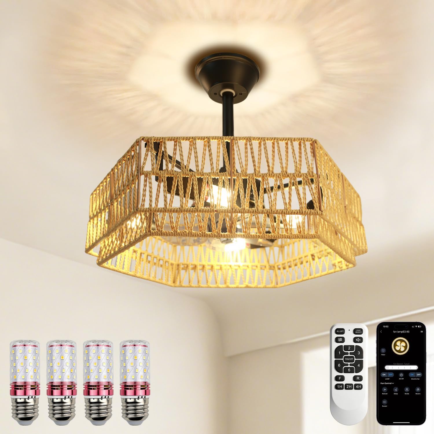 Ceiling Fans with Lights Flush Mount, 20 Inch Caged Low Profile Ceiling Fans with 3 Mode Lighting and Remote Control with E26 Bulbs for Bedroom, Nursery, Garage (Yellow (Hexagon))