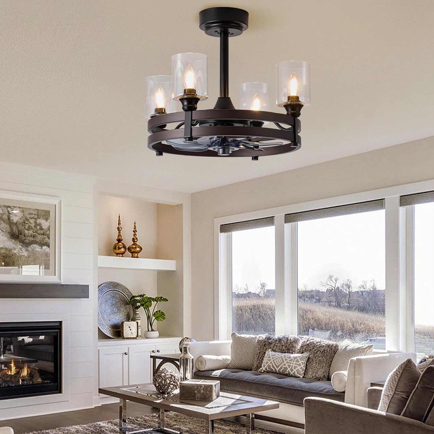 Caged Ceiling Fan with Light, 21' Farmhouse Ceiling Fan with Light for Bedroom/Kitchen/Dining/Room, Black Ceiling Fan with Lights Remote Control, DC Motor, Four LED Lights, Indoor, Bronze