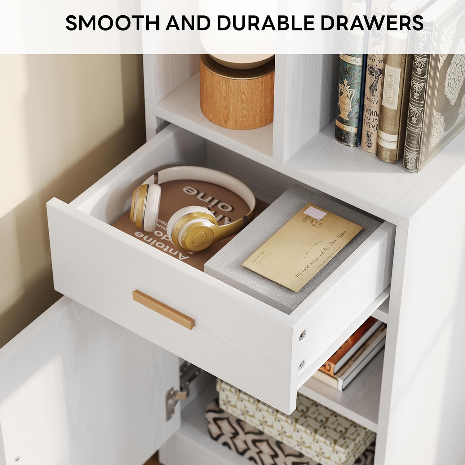 IRONCK Corner Bookshelf，72.8' Tall Corner Shelf with Drawer and Door, Narrow Corner Bookcase with Adjustable Shelves for Living Room Home Office, White