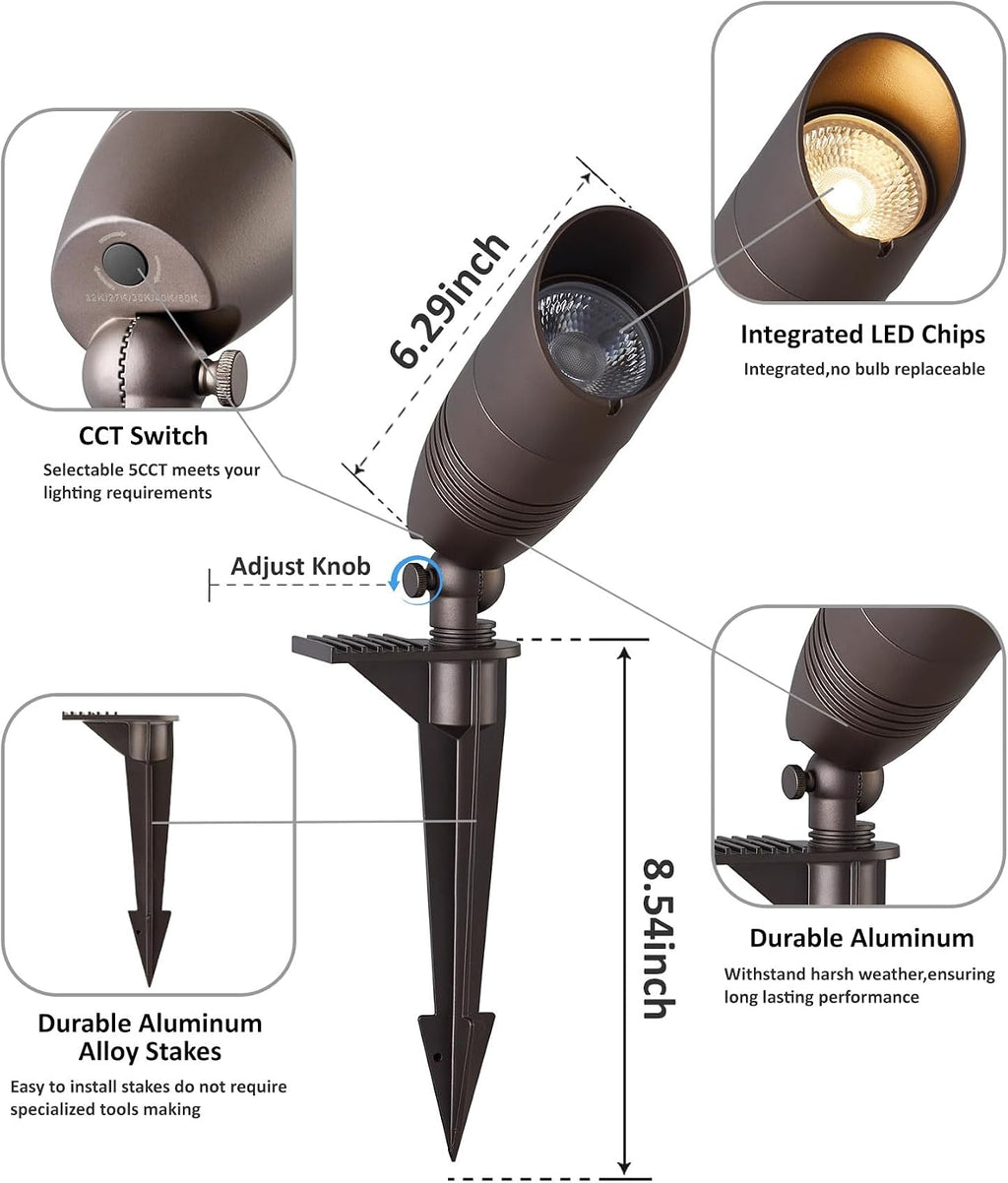 Low Voltage Landscape Spotlights, 12V 5CCT Tree Spotlights, 7W LED Spotlights Outdoor with Connectors, IP65 Uplighting Outdoor for Low Voltage Landscape Lighting, ETL, Bronze, Pack of 6