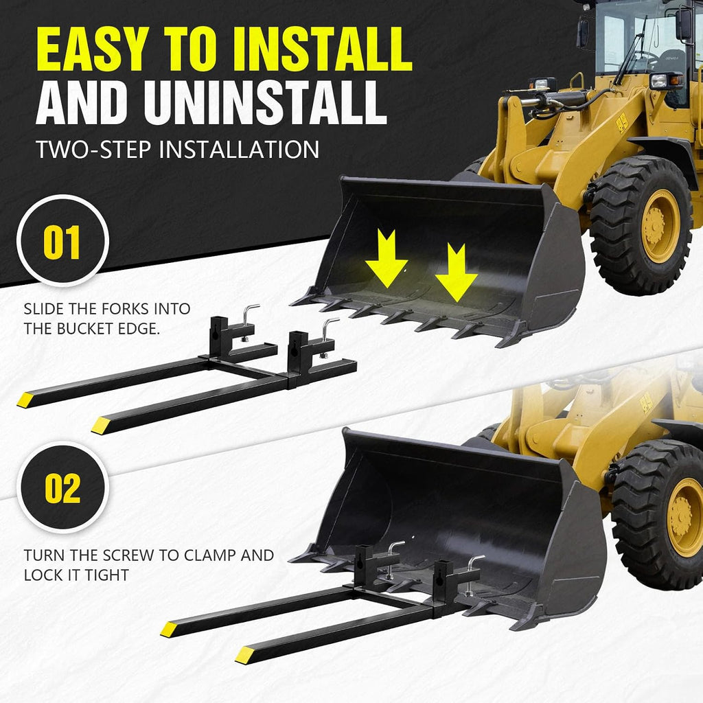YZONA 60' 4500 LBS Clamp on Pallet Forks for Tractor Bucket, Heavy-Duty Tractor Forks with Adjustable Stabilizer Bar for Tractor Attachments, Loader Bucket, Skid Steer (Tractor Accessories)