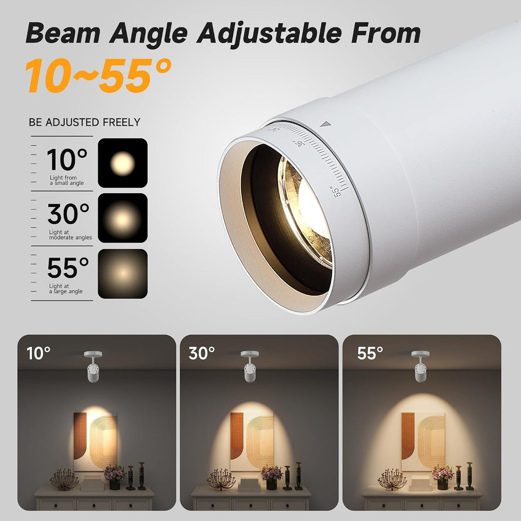4 Pack 9W LED Zoomable Ceiling Spotlight Indoor, Dimmable Directional Wall Surface Fixture, Adjustable Beam Angle 10°–55°, Wired Home Indoor Accent Lighting for Corridor, Picture, White