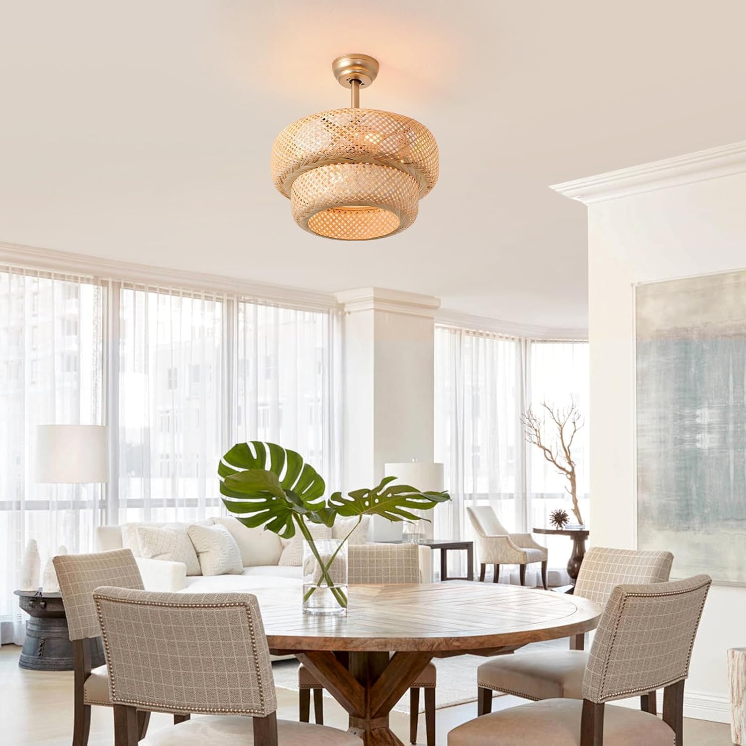 Fandelier Ceiling Fan with Light - 18.9' Boho Rattan Caged Ceiling Fan, Remote Controlled Wicker Chandelier Fan Light Fixture for Bedroom, Kitchen, Living Room, Nursery, E26 Base