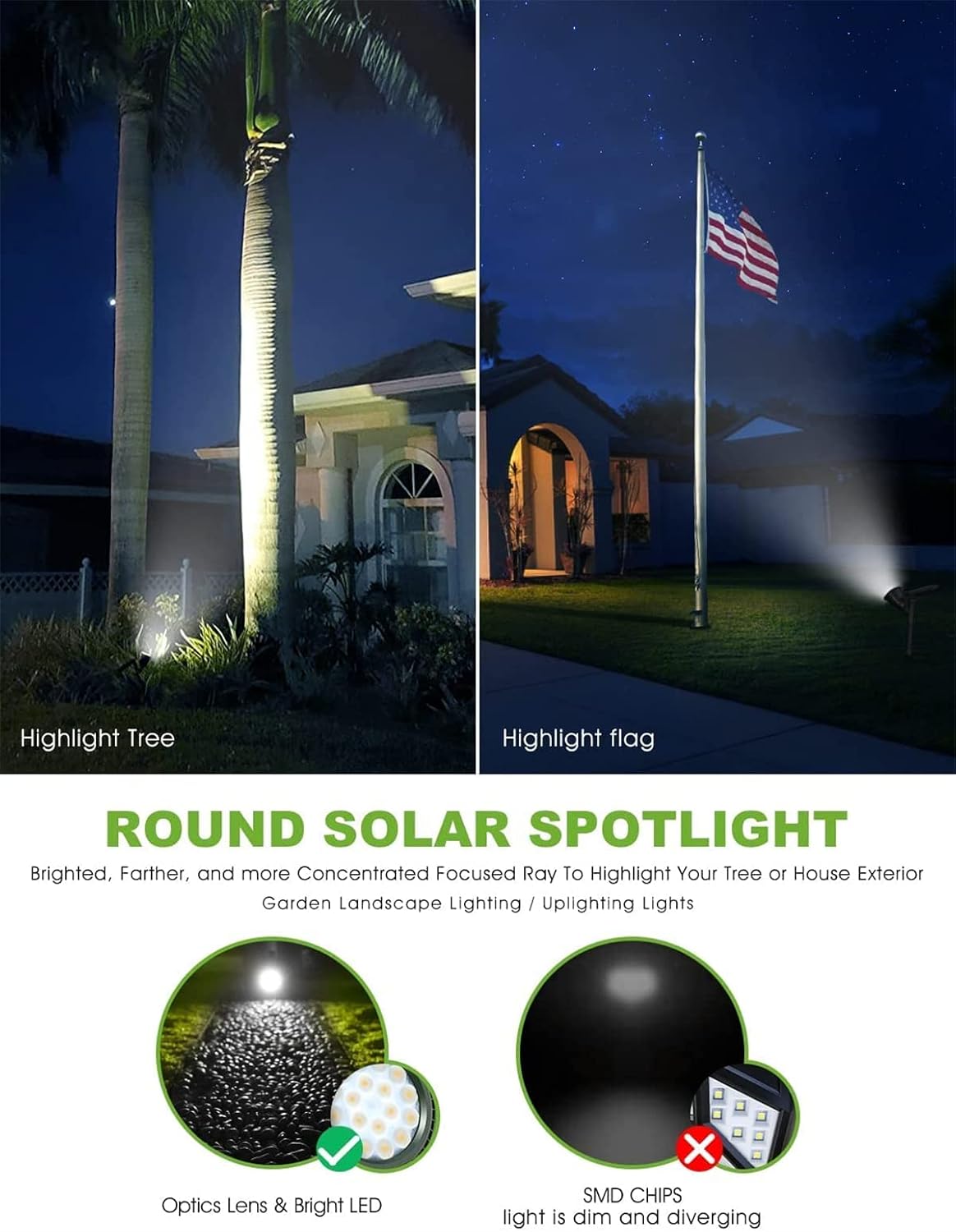 Solar Spot Lights Outdoor,2.5W Solar Panel and Bright 2 in 1 Waterproof Solar Powered Landscape Spotlights Wall Light for Garden Patio Yard Flag Pole Pool,Warm Light,6 pcs (White Light 4 pcs)