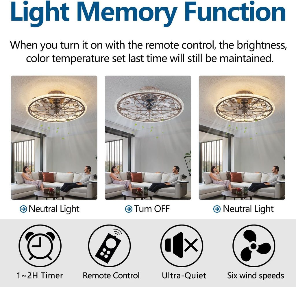 Rustic Caged Ceiling Fan with Lights Remote Control, Retro Industrial Ceiling Fan with Light for Kitchen Bedroom Living Room