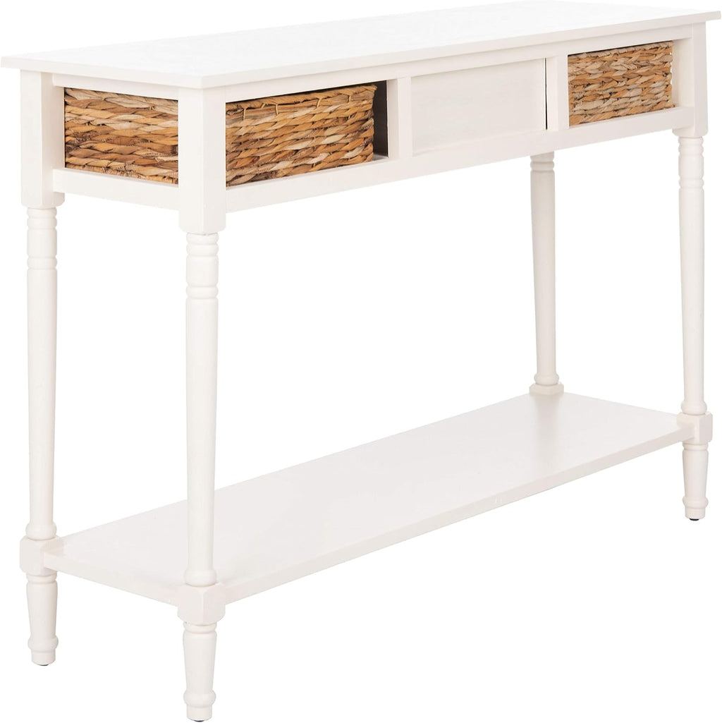 SAFAVIEH Home Collection – Christa Distressed White Console Table with Rattan Drawers & Shelf, Coastal Cottage Storage Console, Vintage Design (AMH5737B)