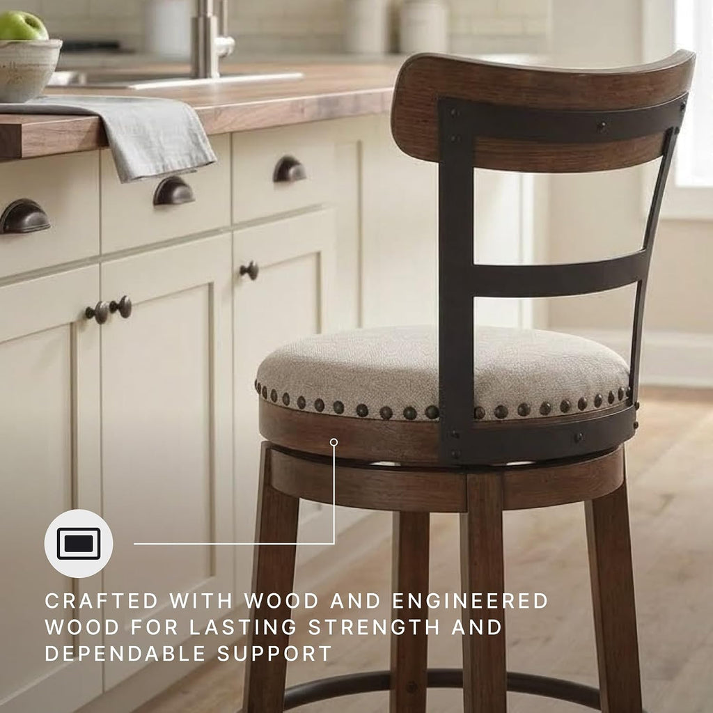 Signature Design by Ashley Valebeck Swivel Barstool With Back, Rustic-Industrial Wood and Metal, 360-Degree Swivel Counter Height Stool for Kitchen Island Seating, Linen Color