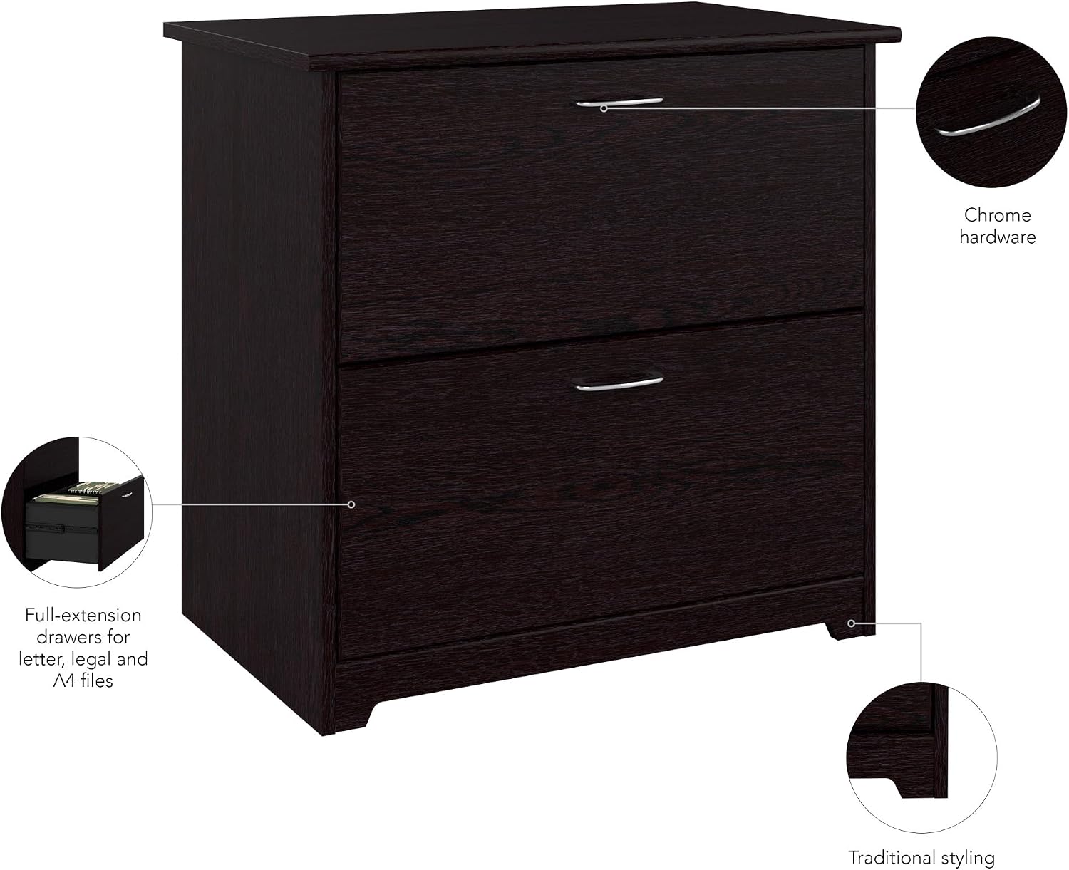 Bush Furniture Lateral File Cabinet - Cabot Collection 2 Drawer File Cabinet with Chrome Hardware | Elegant Filing Cabinet for Home Office, Letters, Legal and A4 Files | Espresso Oak