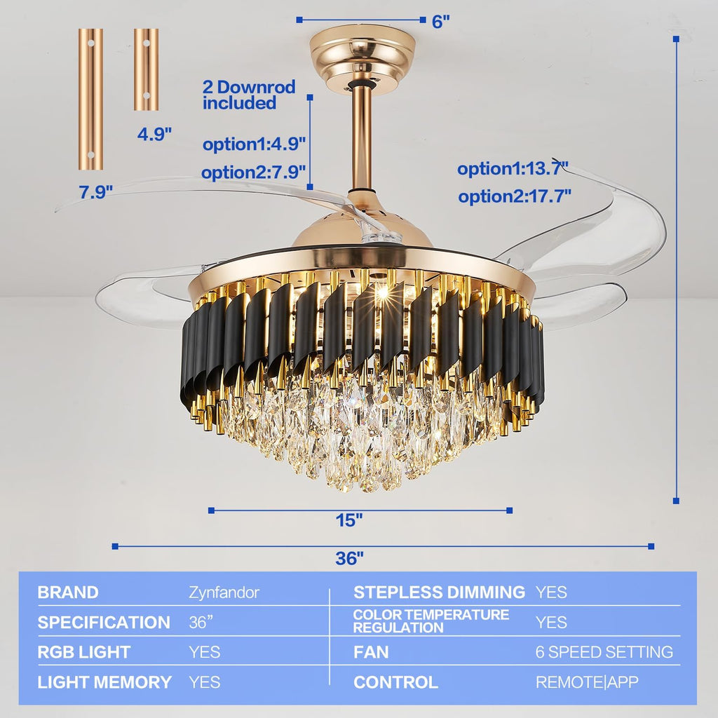 36' Bluetooth Ceiling Fan with Speaker, RGB-LED Dimmable Light 6 Speeds Reversible Blades Modern Fandelier Chandelier with Remote APP Control Memory Timer Function for Bedroom Gold