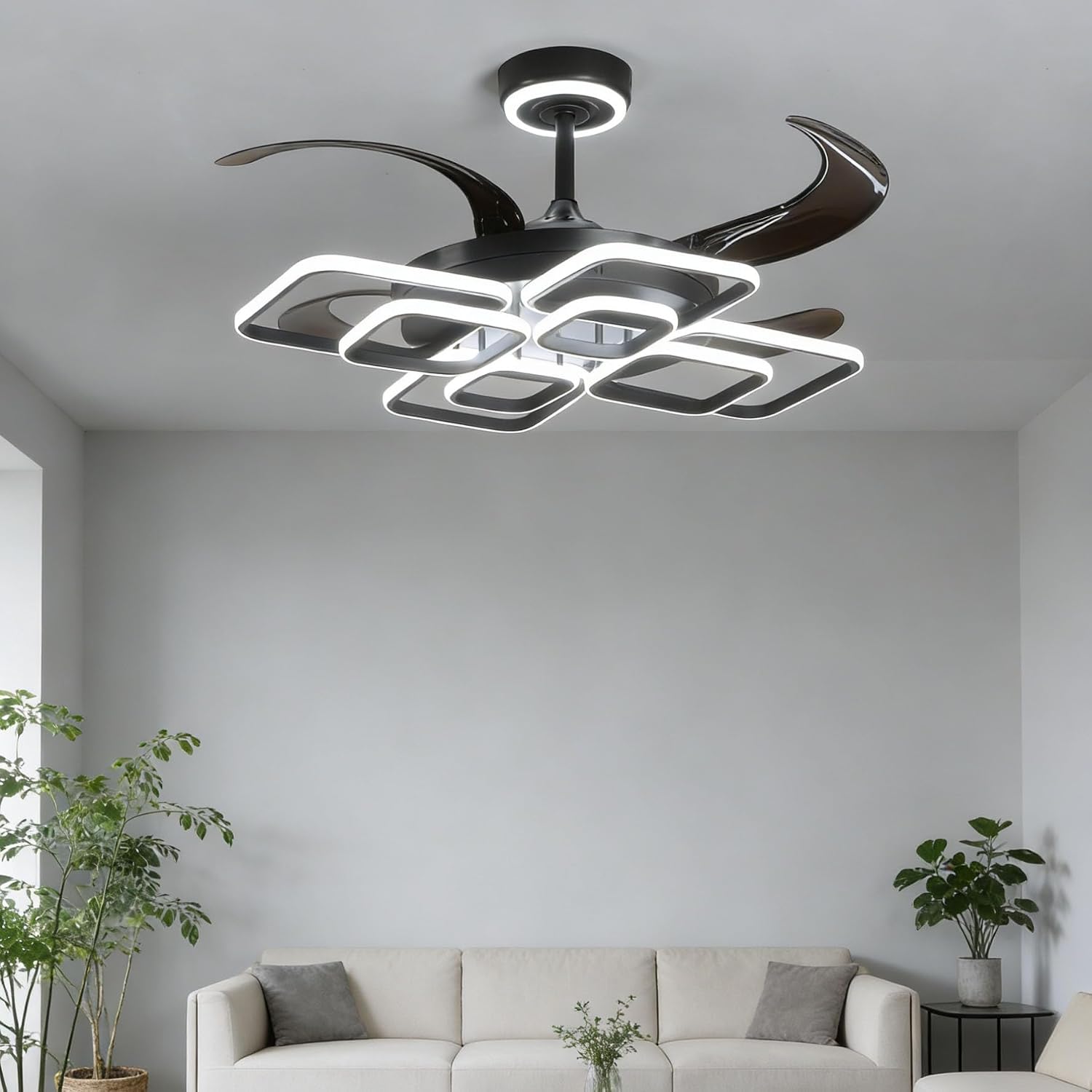 48' Ceiling Fans with Lights and Remote Control 3000-6000K Dimmable Morden LED Fans Light, 6 Wind Speeds, Black Chandelier Ceiling Fans for Bedroom Living Room