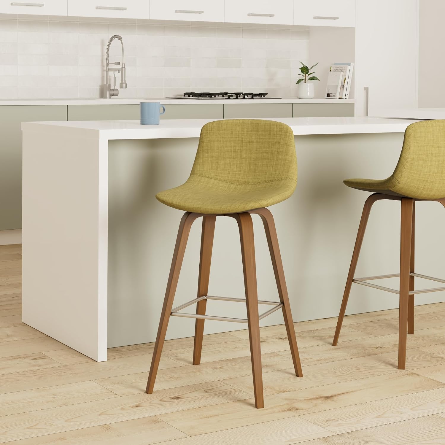 SIMPLIHOME Randolph Counter Stools (Set of 2) - 28 Inch Seat Height Upholstered Bentwood Bar Stools in Acid Green Linen Look Fabric, Mid Century Modern Seating with Curved Backrest and Footrest
