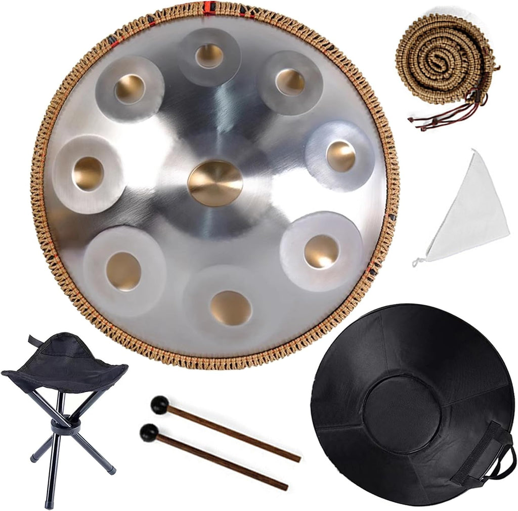 Steel Drum Handpan 22 Inches Adults Hand Pan Drum D Minor Kurd 432/440Hz 9/10/12 Notes Hand Pan Drums Instrument with Soft Bag, Mallets, Stand(432HZ/9Note)