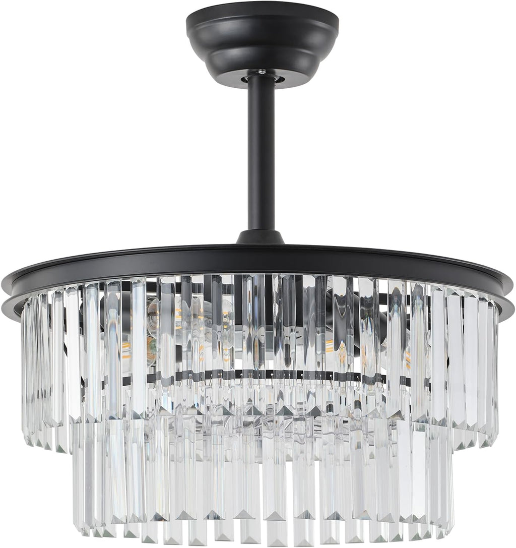 20' Black Crystal Fandelier Ceiling Fans with Lights,Farmhouse Rustic Caged Crystal Chandelier Ceiling Fan with Light Remote Control with 6 Speeds for Bedroom, Nursery, Living Room