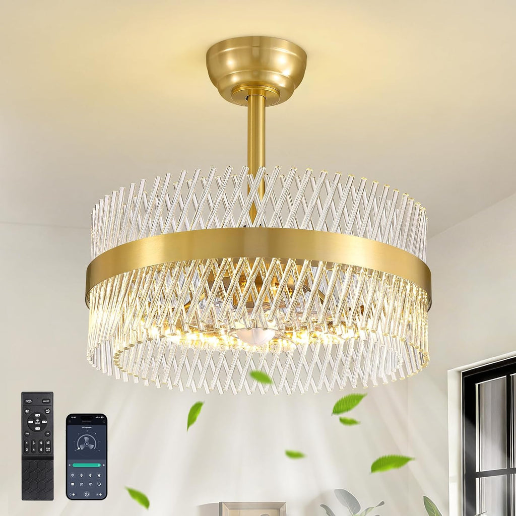 NOXARTE 20 Inch Fandelier Ceiling Fans with Light, Crystal Chandelier Fan, Gold Ceiling Fan with Remote, Modern Fandelier with 6 Reverse Speed, 3CCT, Dimmable, Timer for Bedroom,Living Room