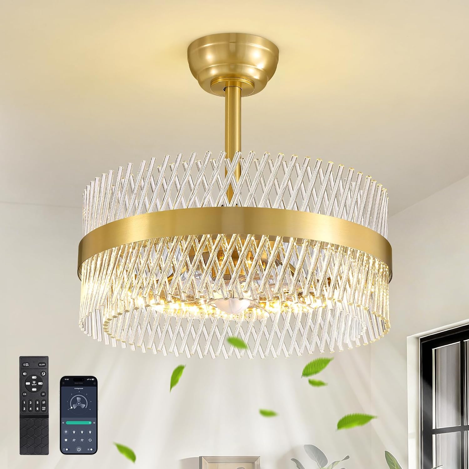 NOXARTE 20 Inch Fandelier Ceiling Fans with Light, Crystal Chandelier Fan, Gold Ceiling Fan with Remote, Modern Fandelier with 6 Reverse Speed, 3CCT, Dimmable, Timer for Bedroom,Living Room