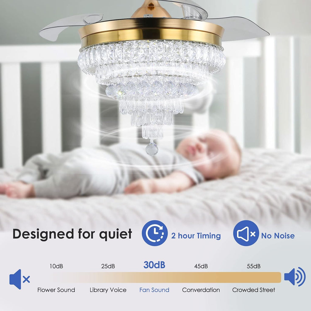 42'' Gold Crystal Fandelier Ceiling Fan with Lights, Dimmable LED Chandelier Fan, Retractable Blades, Remote & APP Control, 6-Speed Reversible, Flush Mount for Bedroom Living Room Dining Room