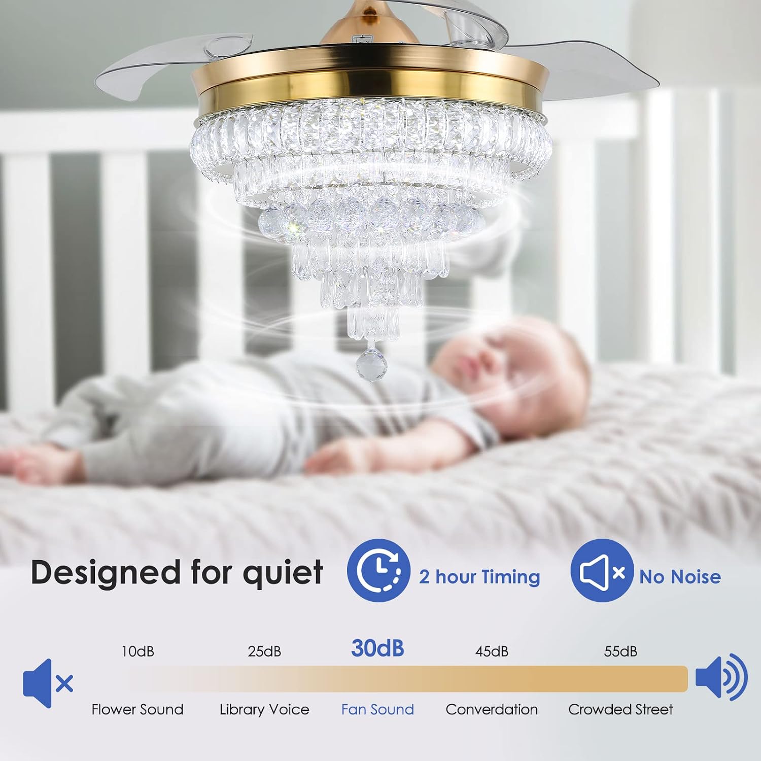 42'' Gold Crystal Fandelier Ceiling Fan with Lights, Dimmable LED Chandelier Fan, Retractable Blades, Remote & APP Control, 6-Speed Reversible, Flush Mount for Bedroom Living Room Dining Room