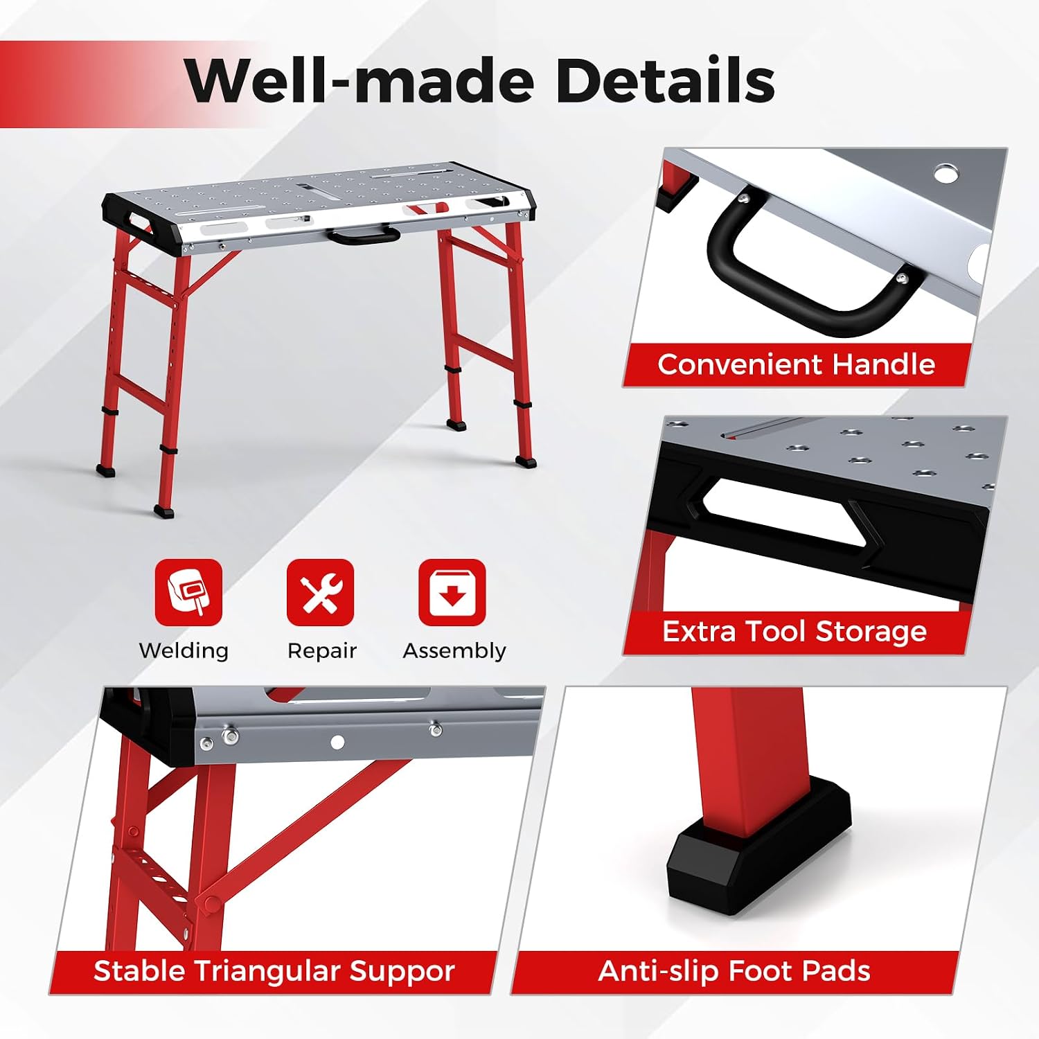 Goplus Portable Welding Table, 42' x 21' Folding Height Adjustable Weld Table Top w/1000LBS Capacity, 2 Bar Clamps, 8 Tool Slots, Handle, 0.7' Holes, Heavy-Duty Workbench Fixture Table for Garage