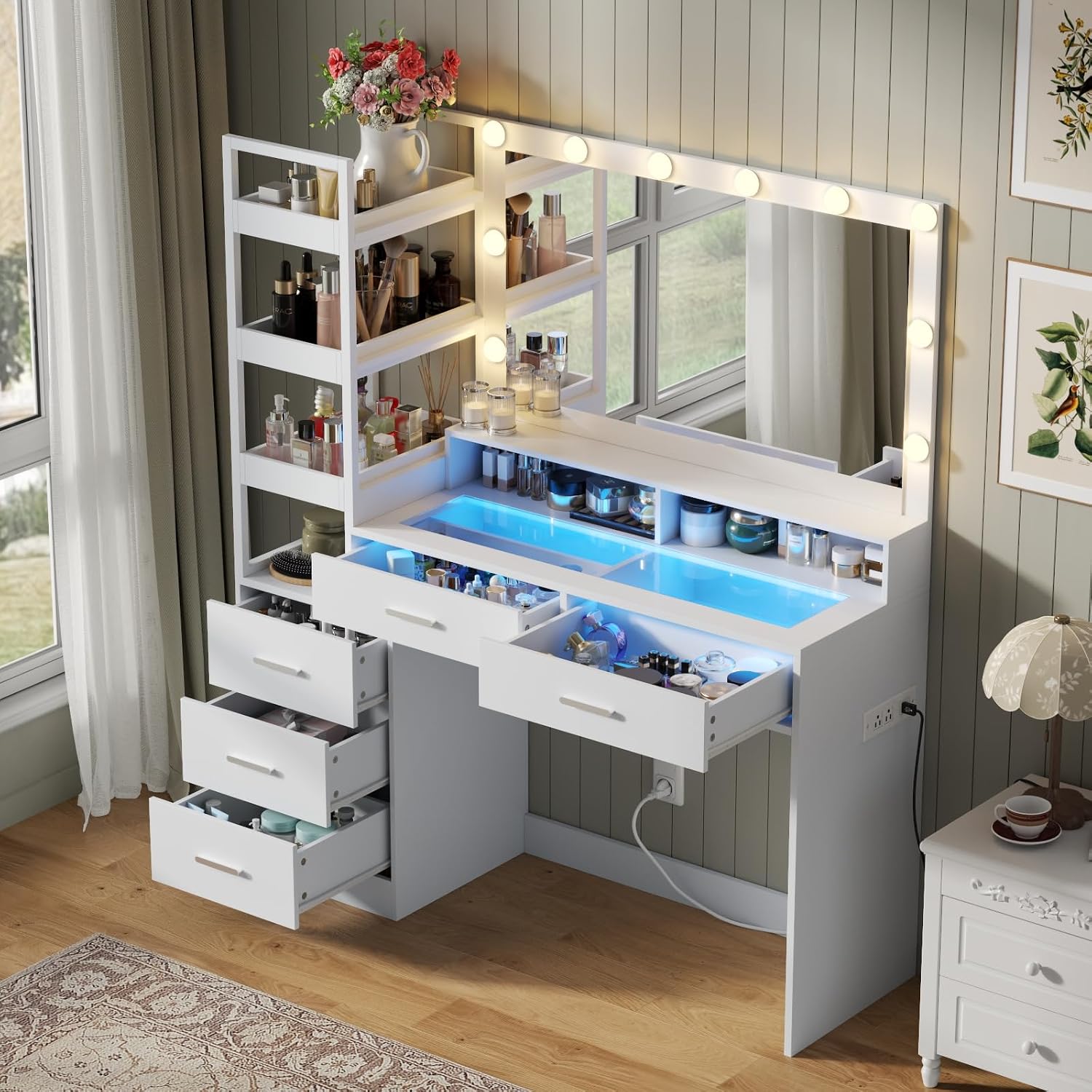 Gyfimoie White Vanity Desk with Mirror and Lights, 8 Drawer Makeup Vanity Table with Glass Top, Power Outlets and RGB Lights, Women & Girls Dressing Table with Lighted Mirror（Stool Not Included）