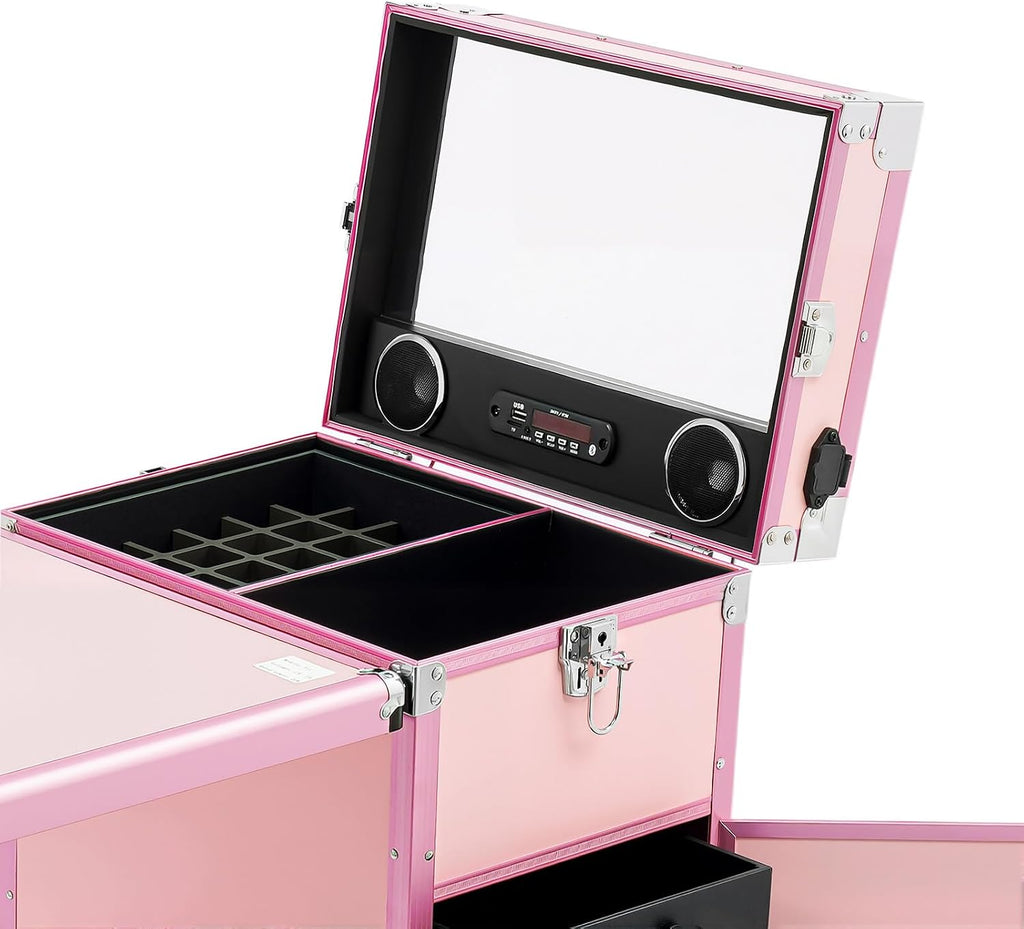 Rolling Manicure Table Train Case with 4 Universal Wheels,Professional Makeup Suitcase With Drawers & Unfold Table,2 Built-In Music Speakers,Travel Cosmetic Storage Train for Makeup Artist,Hairstylist