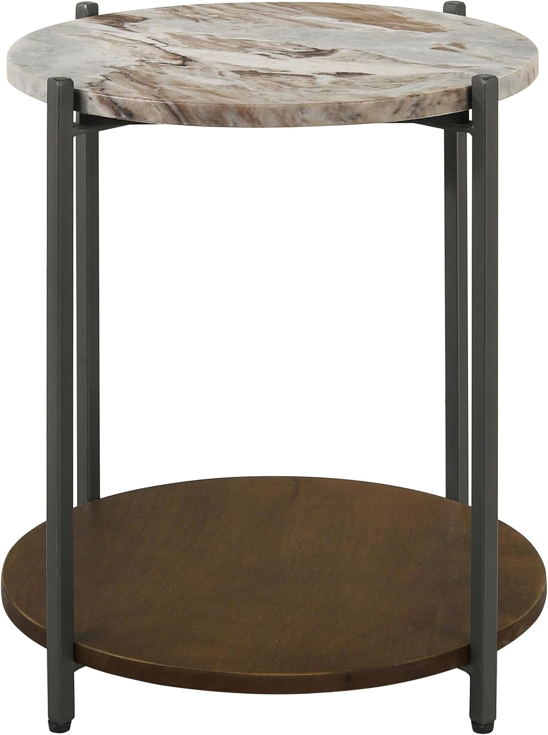 Coaster Home Furnishings - Noemie - Mango Wood and Marble - 17.5-Inch Round Accent Side Table with Marble Top and Round Shelf - Living Room - White, Brown and Gunmetal - 931204