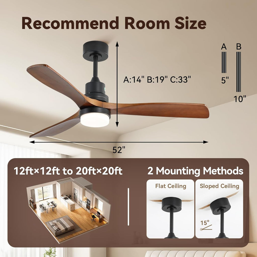 Sofucor Smart Ceiling Fan with Light, 52' Wood Ceiling Fan Compatible with Alexa/Google/App, 3-Color Light 6-Speed DC Motor Reversible Timer for Bedroom Living Room Patio Indoor Outdoor