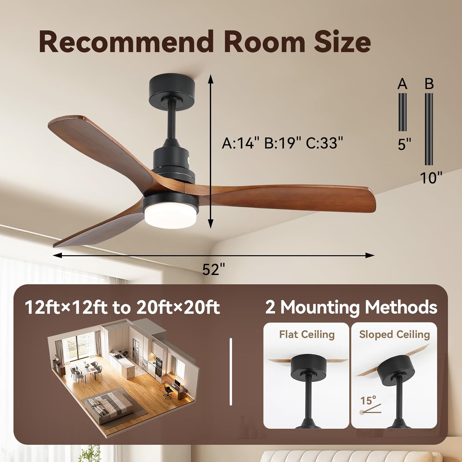 Sofucor Smart Ceiling Fan with Light, 52' Wood Ceiling Fan Compatible with Alexa/Google/App, 3-Color Light 6-Speed DC Motor Reversible Timer for Bedroom Living Room Patio Indoor Outdoor